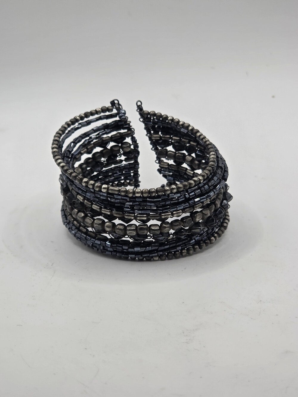 Vintage 1960s Beaded Cuff Bracelet Memory Wire Multi Strand Metallic Black Gunme